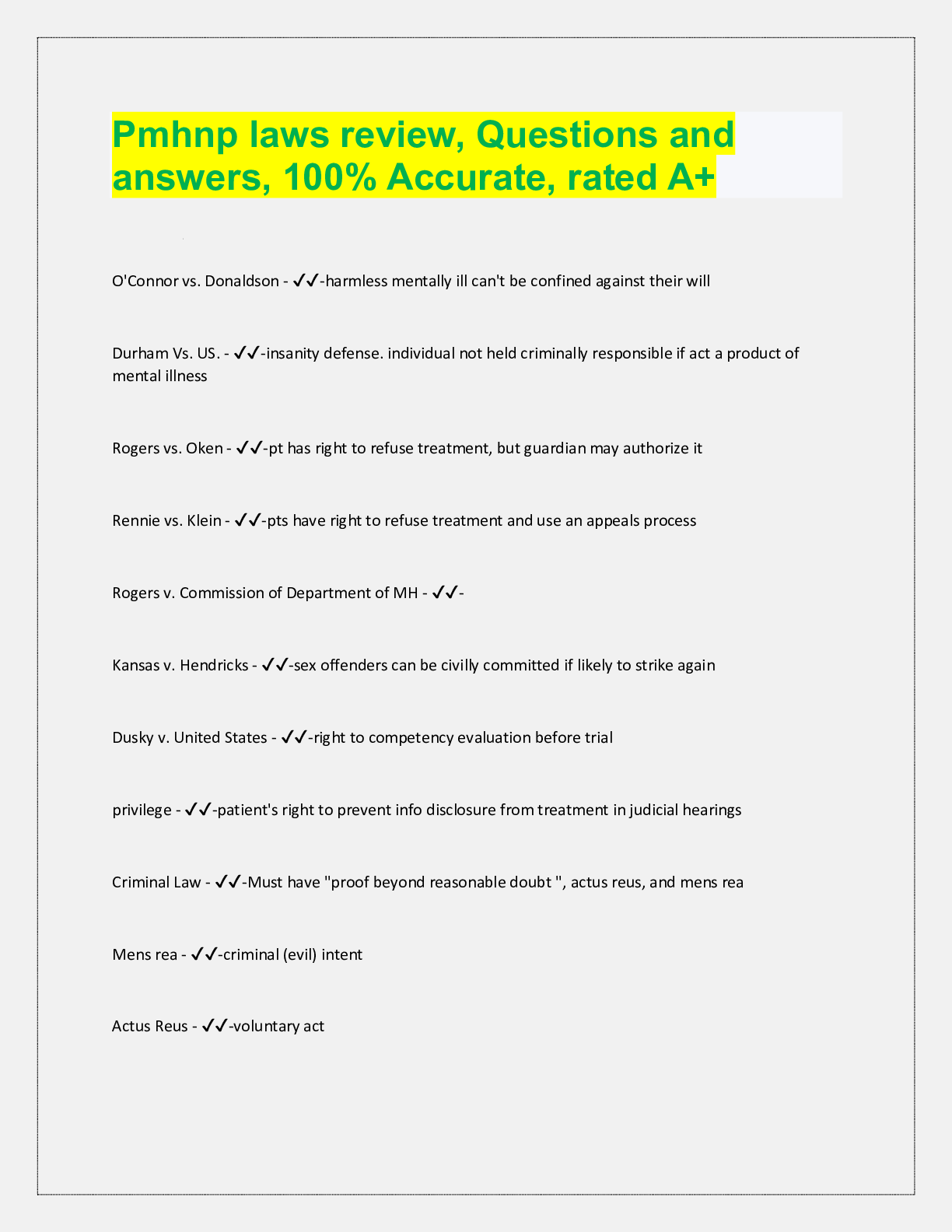 Preview image for Pmhnp laws review, Questions and  answers, 100% Accurate, rated A+